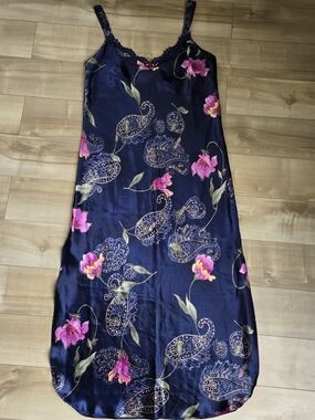 Vtg California Dynasty Paisley Floral Satin Maxi Nightgown Slip Dress - Medium